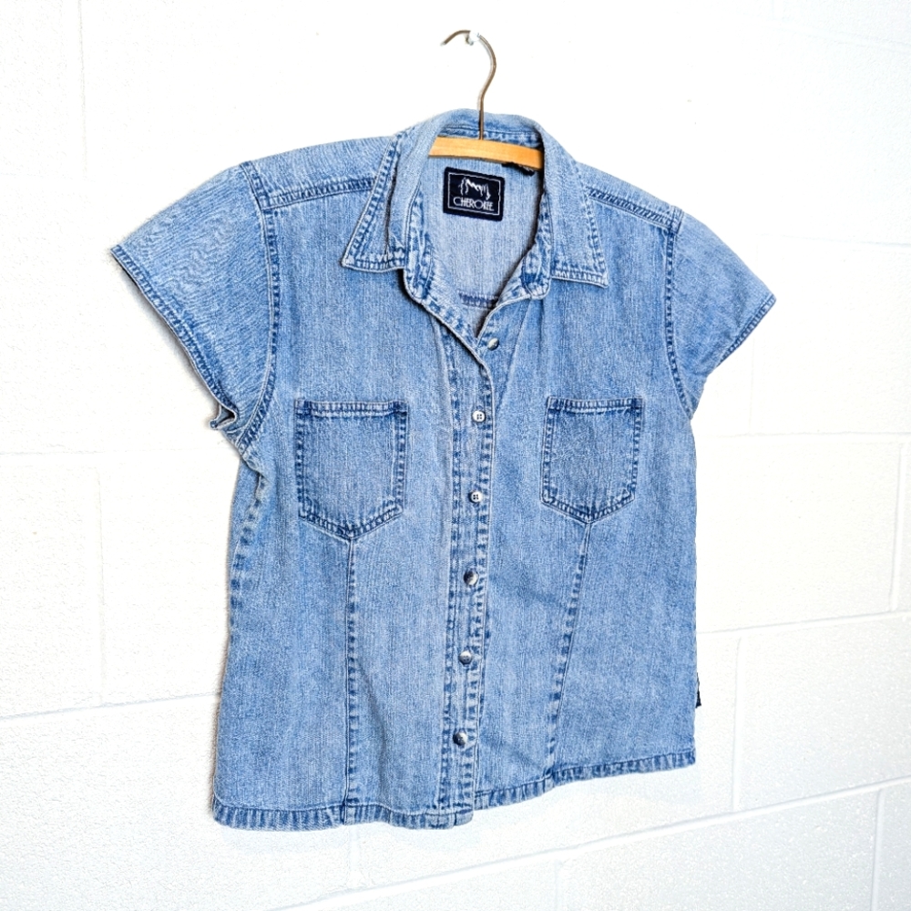 Vintage Cherokee Chambray Denim Button Up Short Sleeve T-shirt Blouse Cotton
